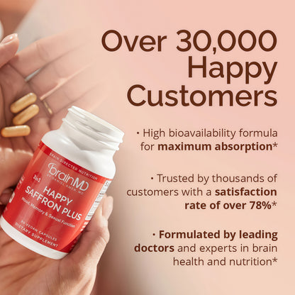 BRAINMD Dr Amen Happy Saffron Plus - 90 Capsules - with Saffron Flower Extract, Curcumin & Zinc - Vegan, Gluten Free - 30 Servings | 30 Servings
